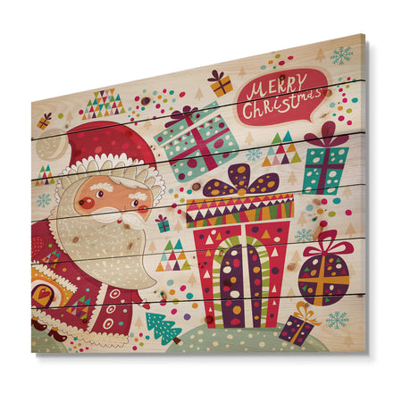 Santa Claus with Christmas presents - Print on Natural Pine Wood