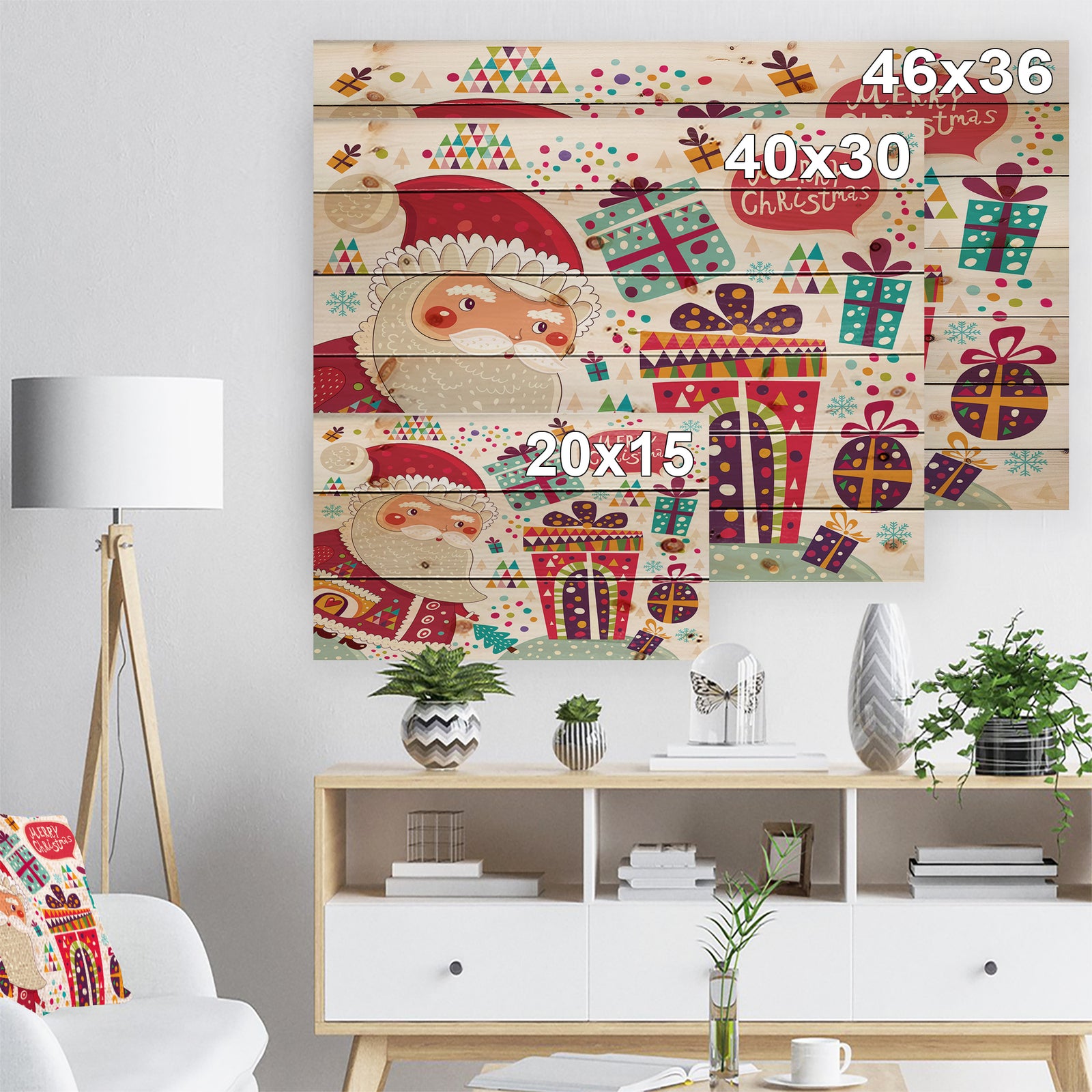 Santa Claus with Christmas presents - Print on Natural Pine Wood
