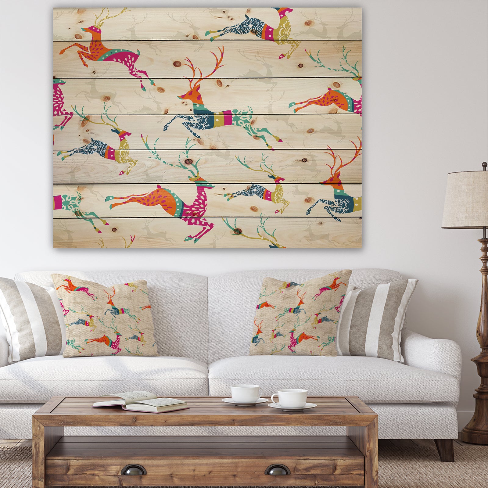 Patterned frolicking Christmas Reindeers - Print on Natural Pine Wood