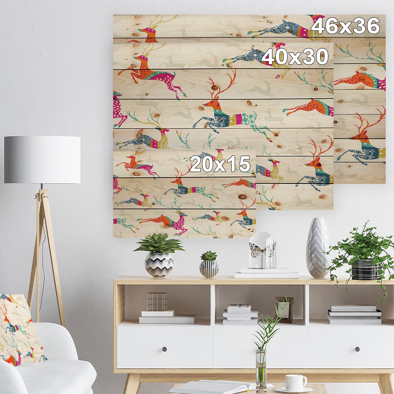 Patterned frolicking Christmas Reindeers - Print on Natural Pine Wood