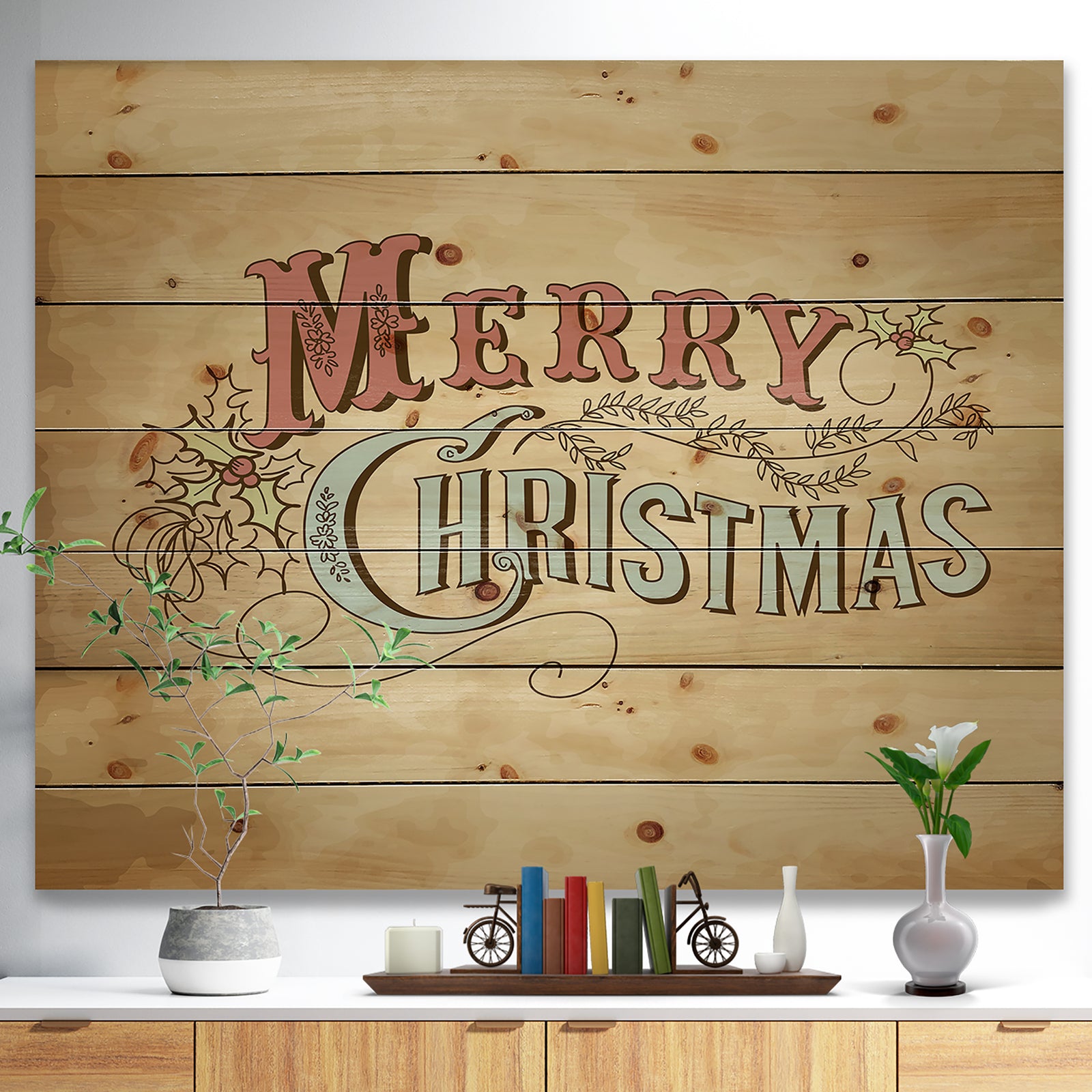 Merry Christmas Vintage Wish in Western Font - Print on Natural Pine Wood