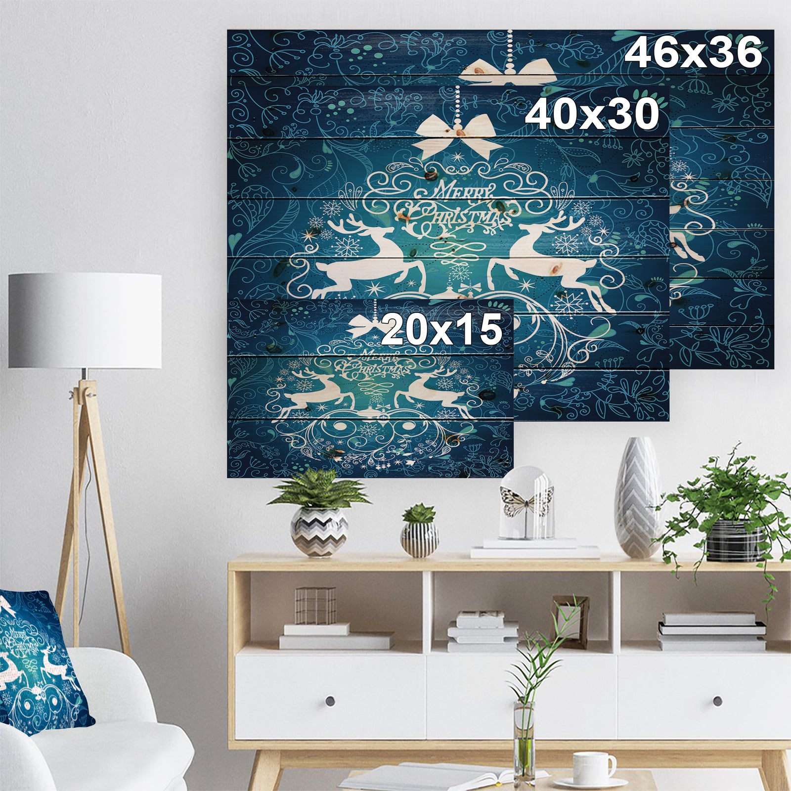 Blue Merry Christmas Reindeer Snow Crystal Pattern - Print on Natural Pine Wood