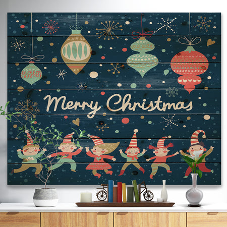 Merry Christmas Dancing Elf Children and Snow Flakes - Print on Natural Pine Wood