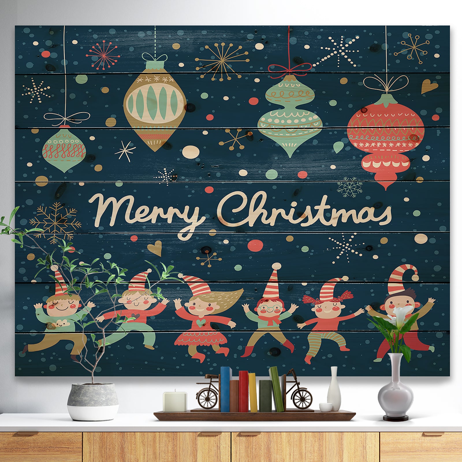 Merry Christmas Dancing Elf Children and Snow Flakes - Print on Natural Pine Wood