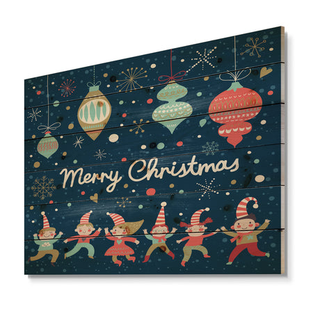 Merry Christmas Dancing Elf Children and Snow Flakes - Print on Natural Pine Wood