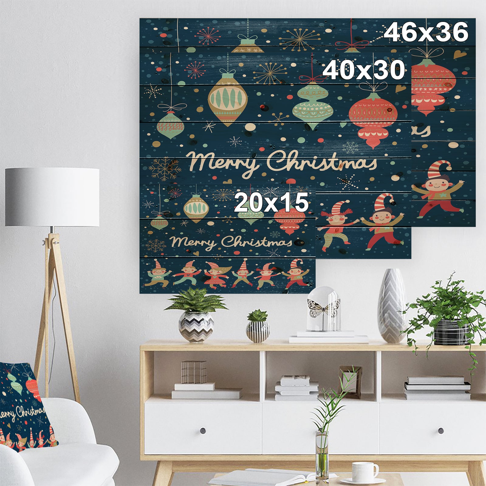 Merry Christmas Dancing Elf Children and Snow Flakes - Print on Natural Pine Wood