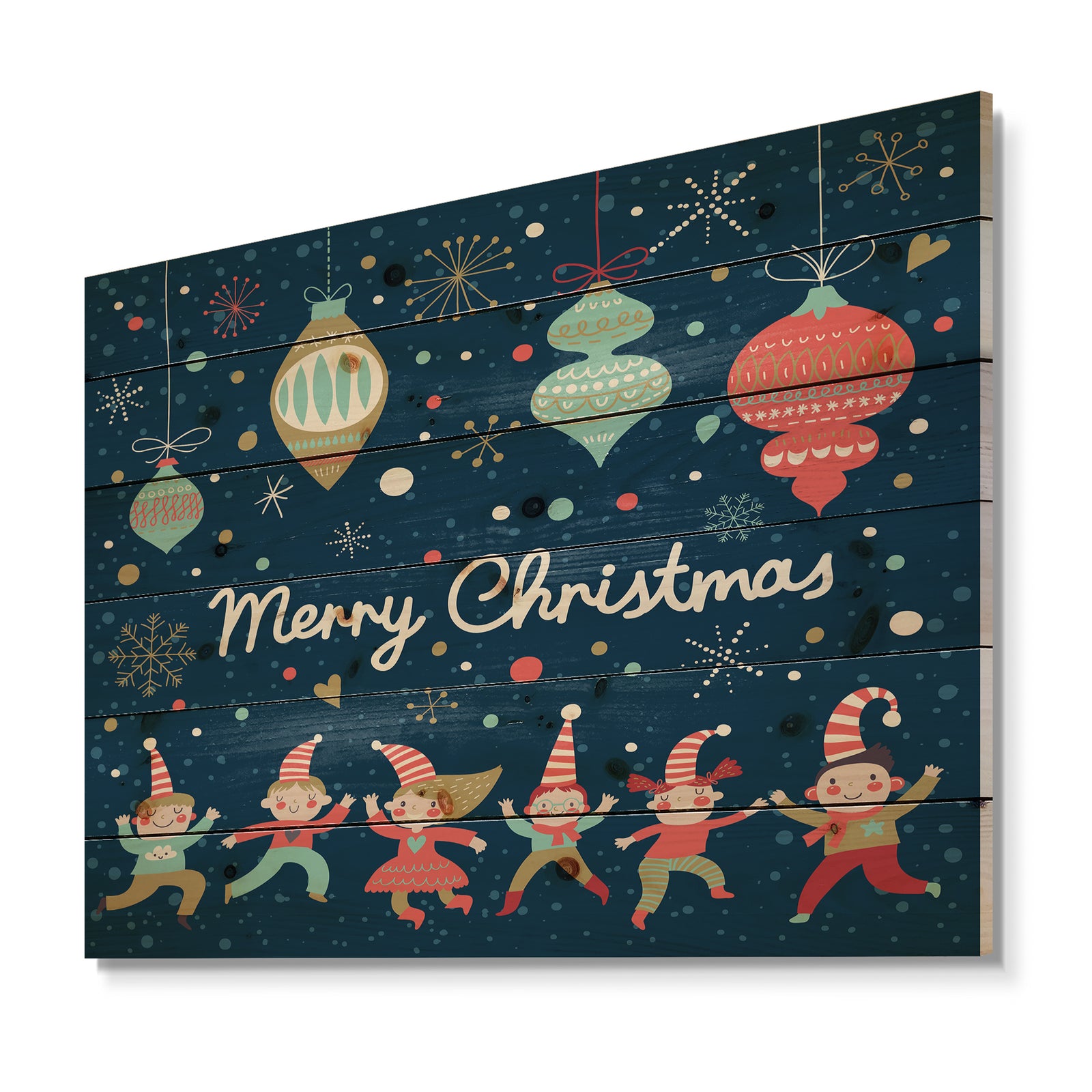 Merry Christmas Dancing Elf Children and Snow Flakes - Print on Natural Pine Wood