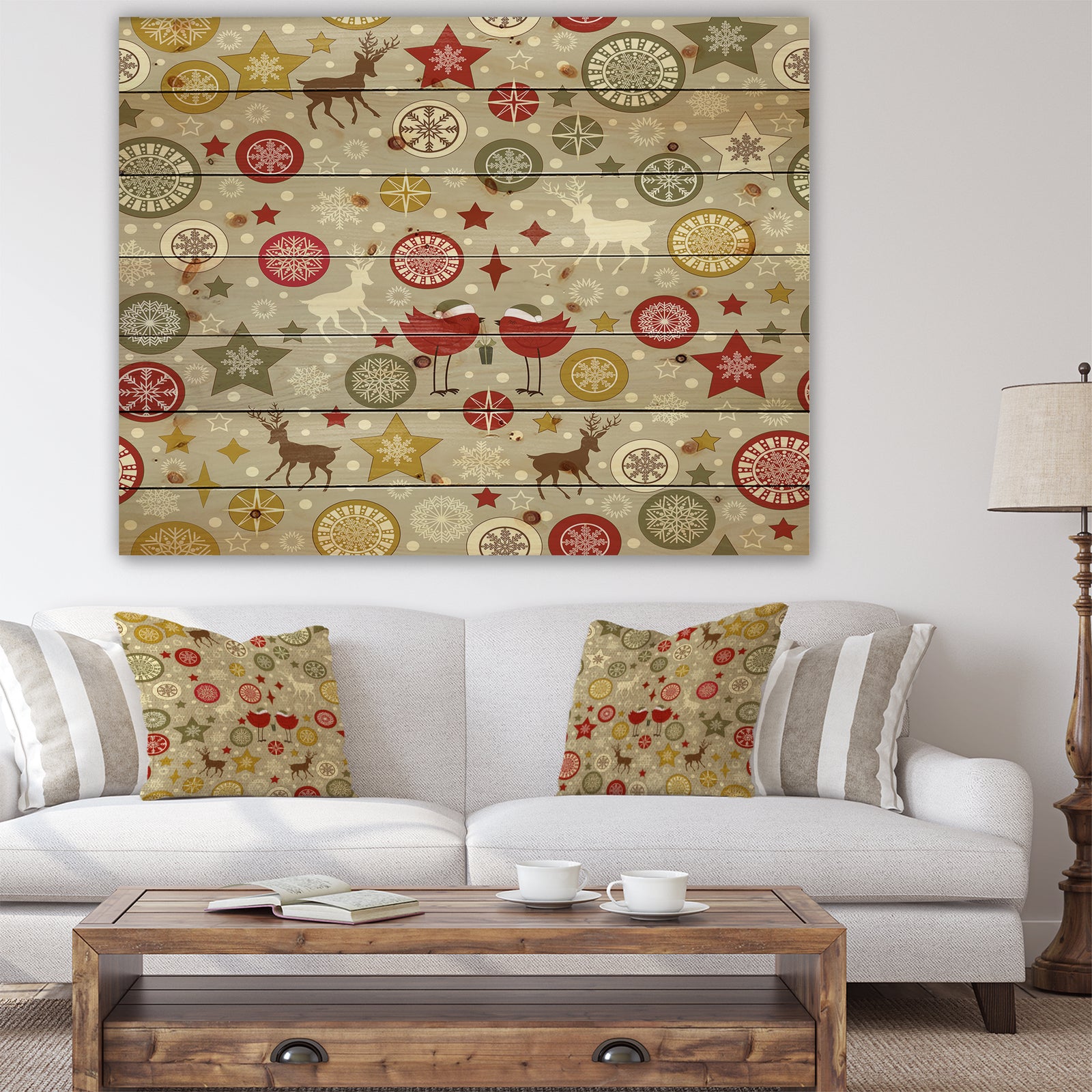 Snow flake Christmas star pattern - Print on Natural Pine Wood
