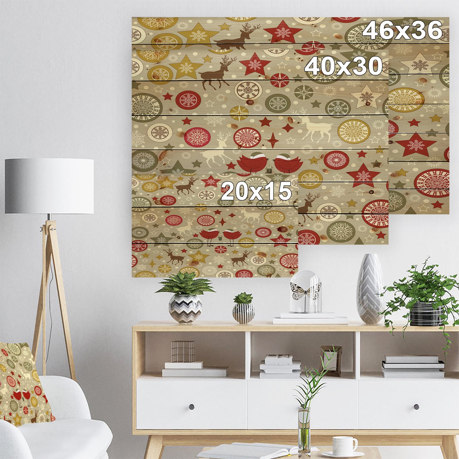 Snow flake Christmas star pattern - Print on Natural Pine Wood
