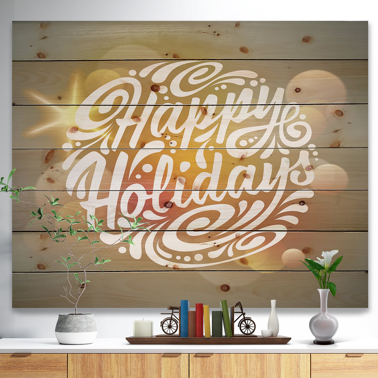 Happy Holidays Christmas Tree Ball shaped - Print on Natural Pine Wood