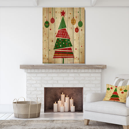 Deconstructed Abstract red and green Christmas Tree - Print on Natural Pine Wood