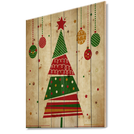 Deconstructed Abstract red and green Christmas Tree - Print on Natural Pine Wood