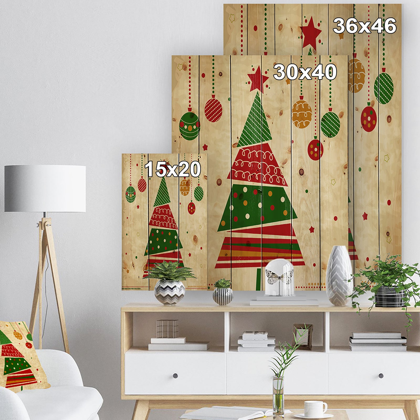 Deconstructed Abstract red and green Christmas Tree - Print on Natural Pine Wood