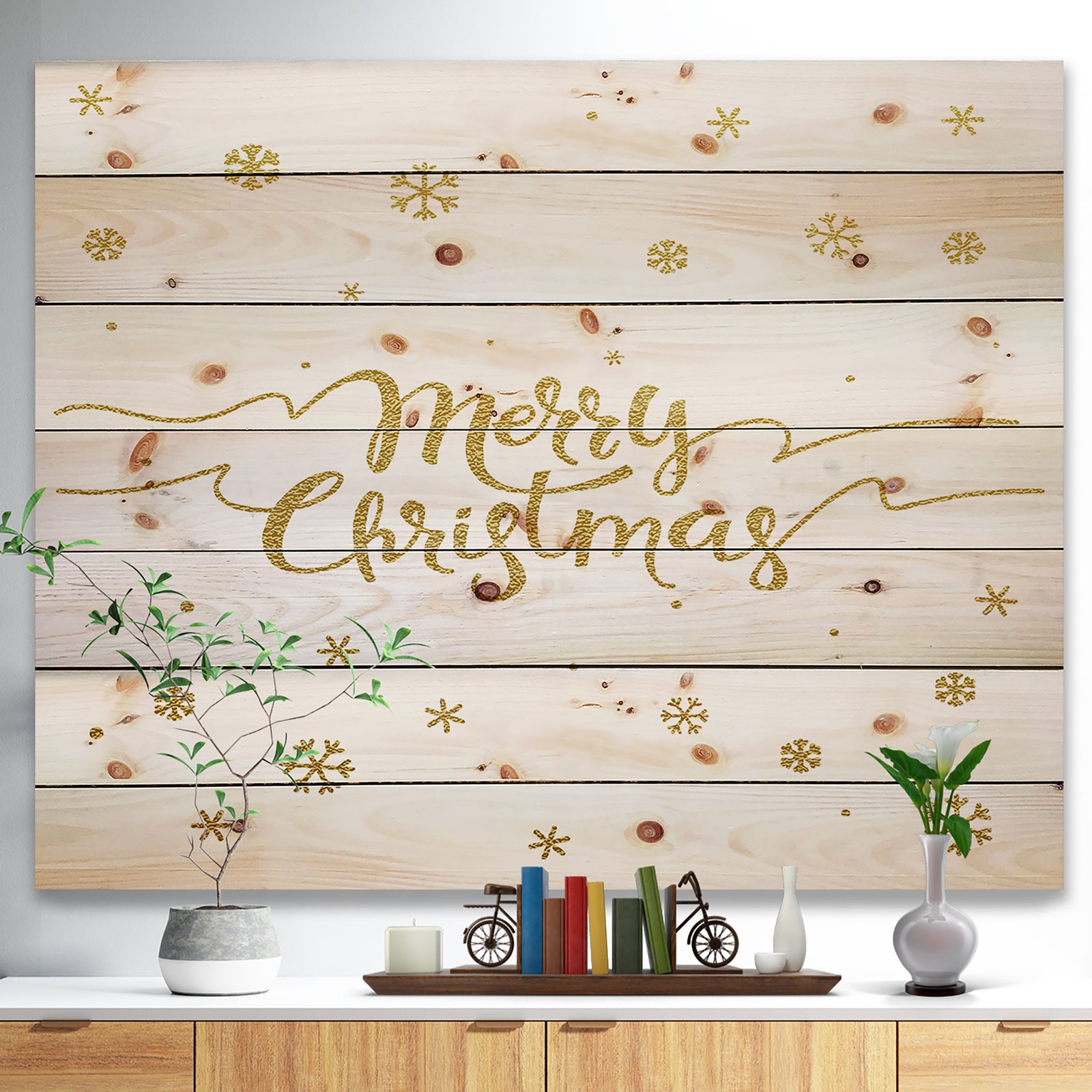 Merry Christmas Handwritten Wish on white and gold - Print on Natural Pine Wood