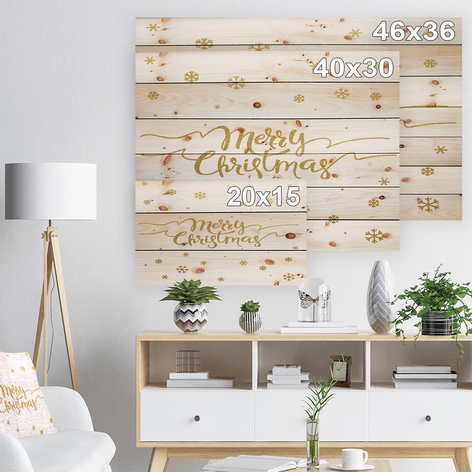 Merry Christmas Handwritten Wish on white and gold - Print on Natural Pine Wood