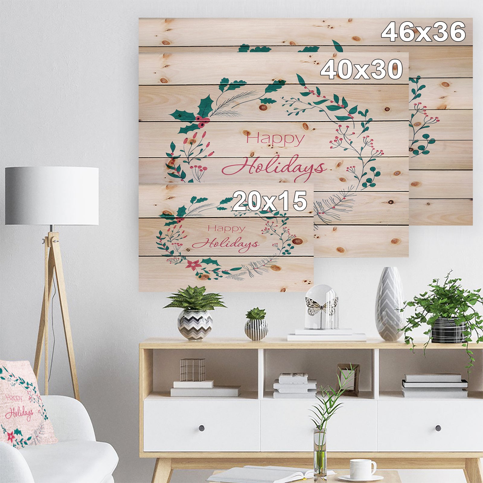 Happy Holidays in Christmas Wreath - Print on Natural Pine Wood