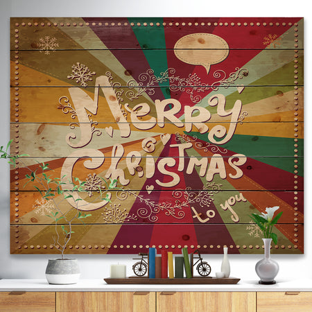 Merry Christmas Handwritten on vintage rainbow colours - Print on Natural Pine Wood