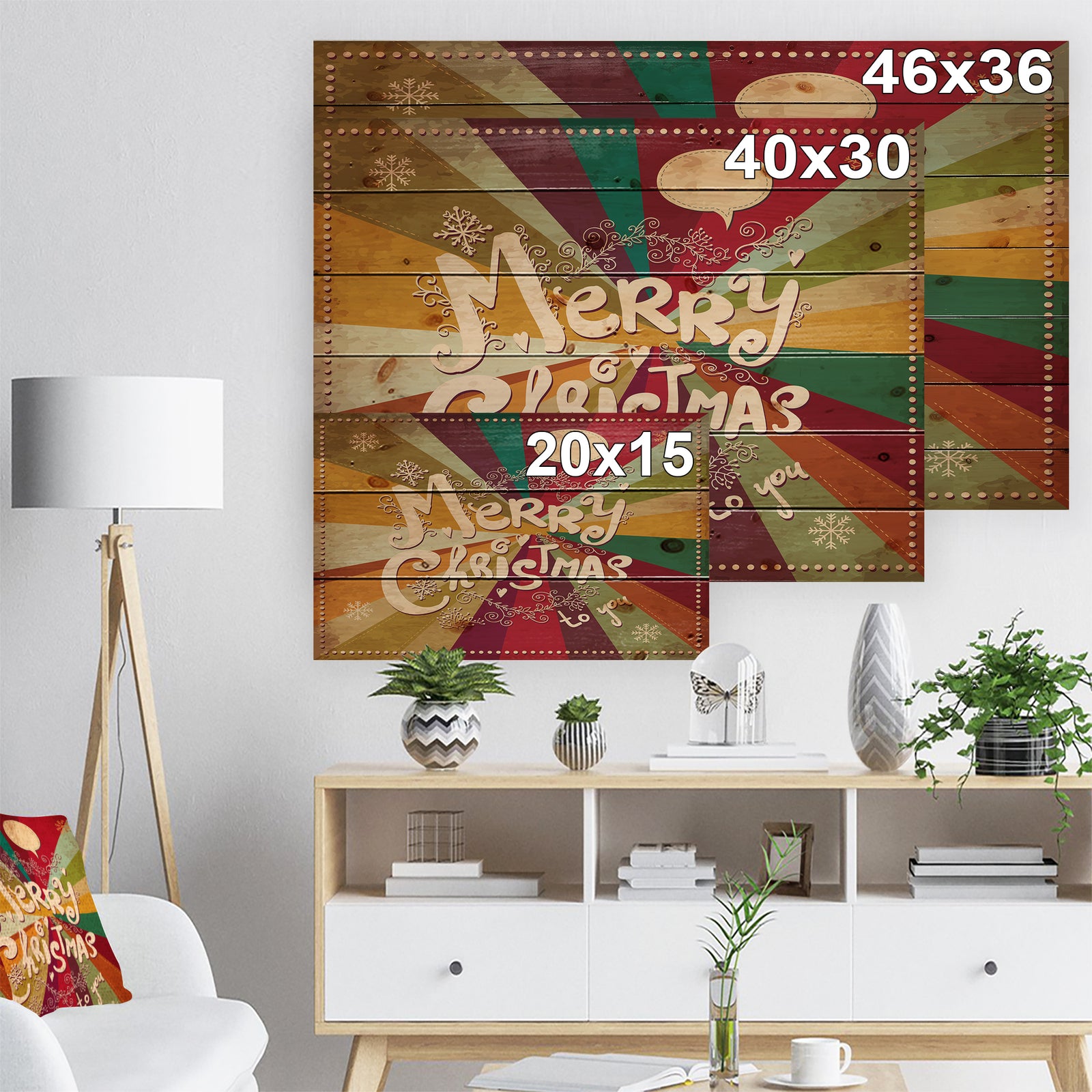 Merry Christmas Handwritten on vintage rainbow colours - Print on Natural Pine Wood