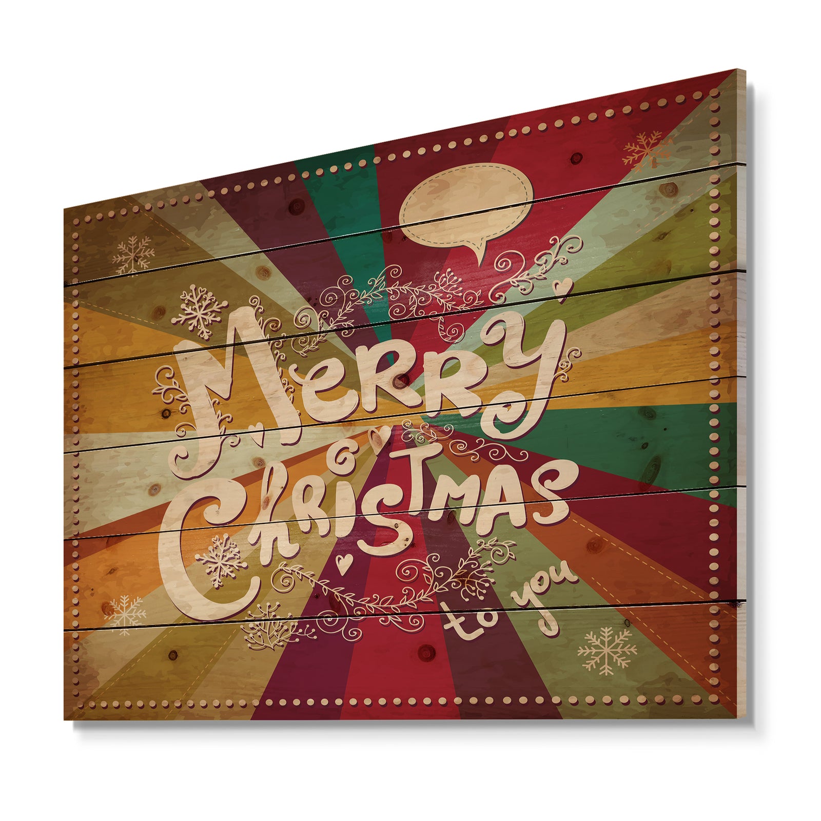 Merry Christmas Handwritten on vintage rainbow colours - Print on Natural Pine Wood