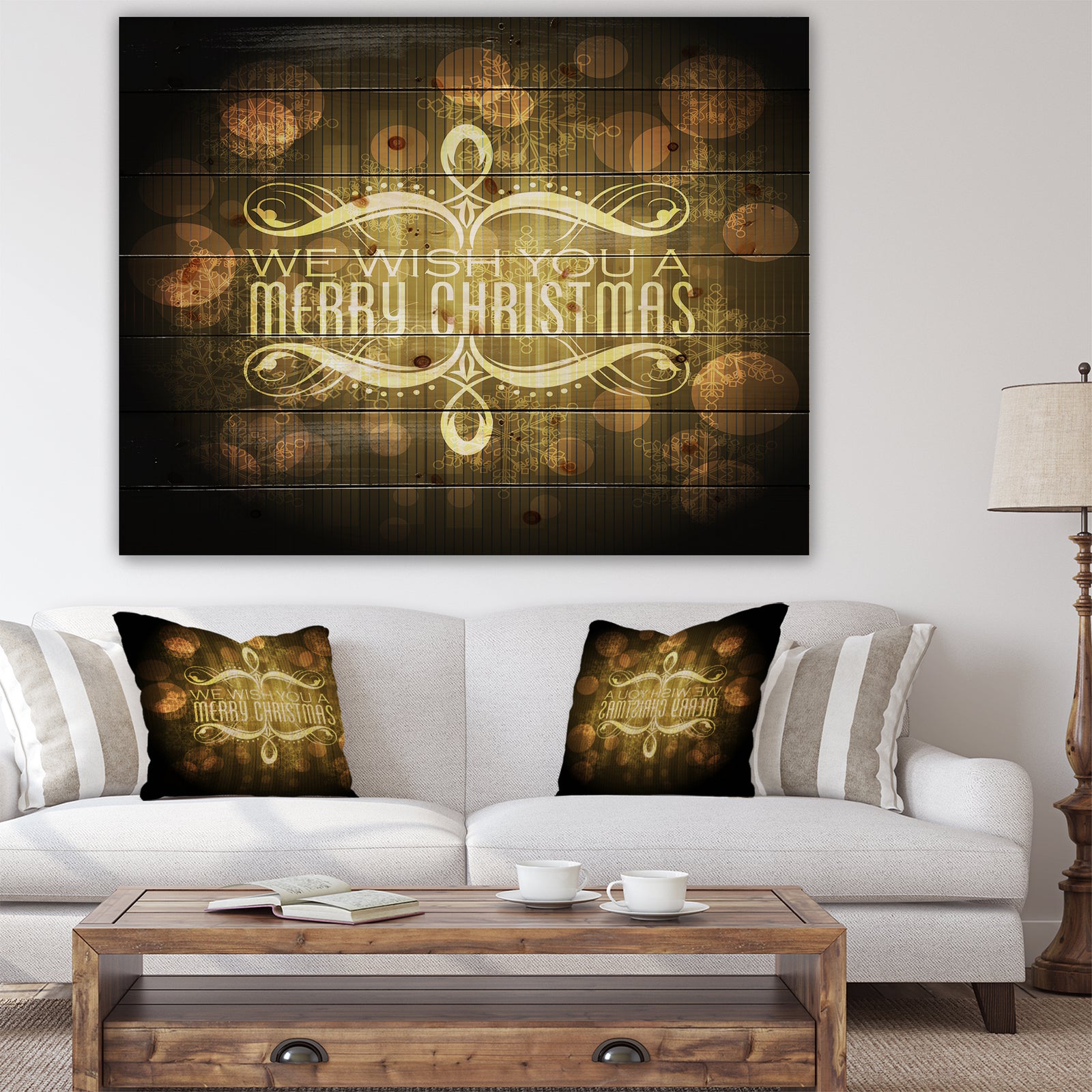 Stylish Merry Christmas Wish on Yellow and Black - Print on Natural Pine Wood