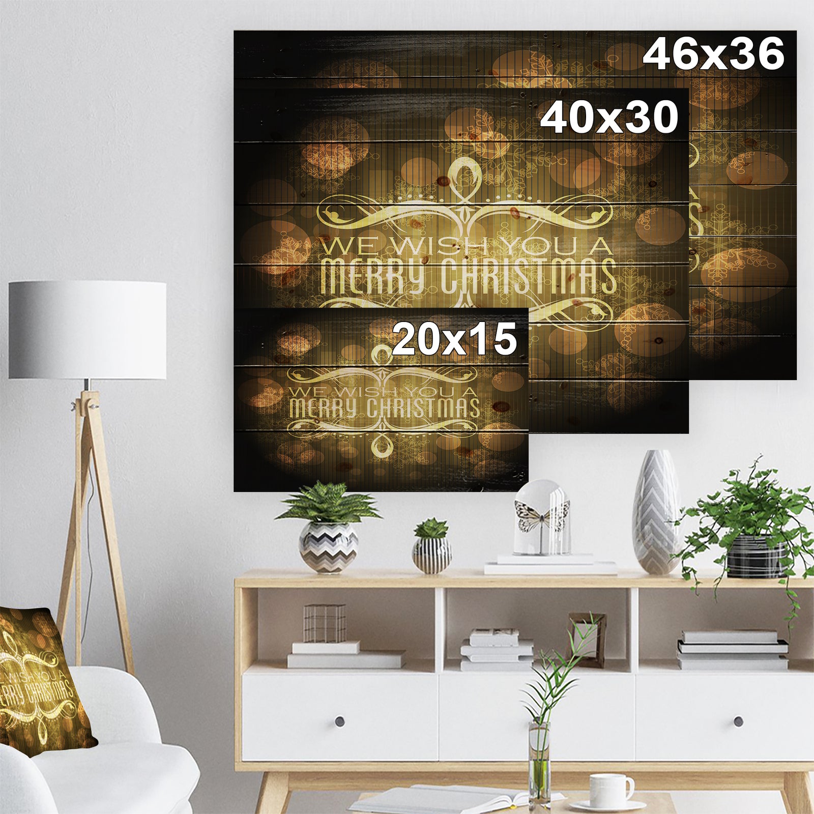 Stylish Merry Christmas Wish on Yellow and Black - Print on Natural Pine Wood
