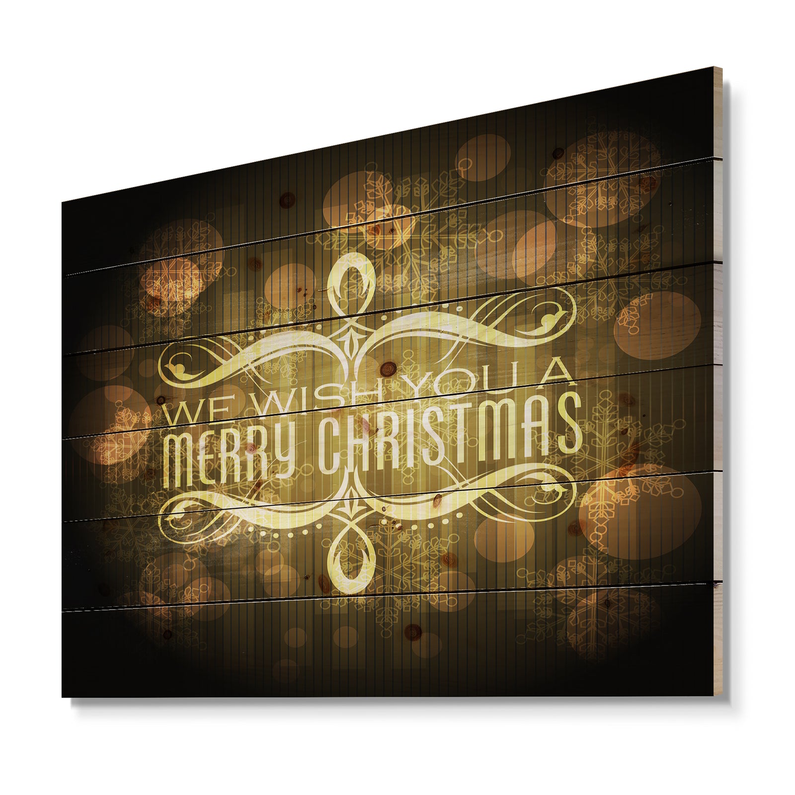 Stylish Merry Christmas Wish on Yellow and Black - Print on Natural Pine Wood