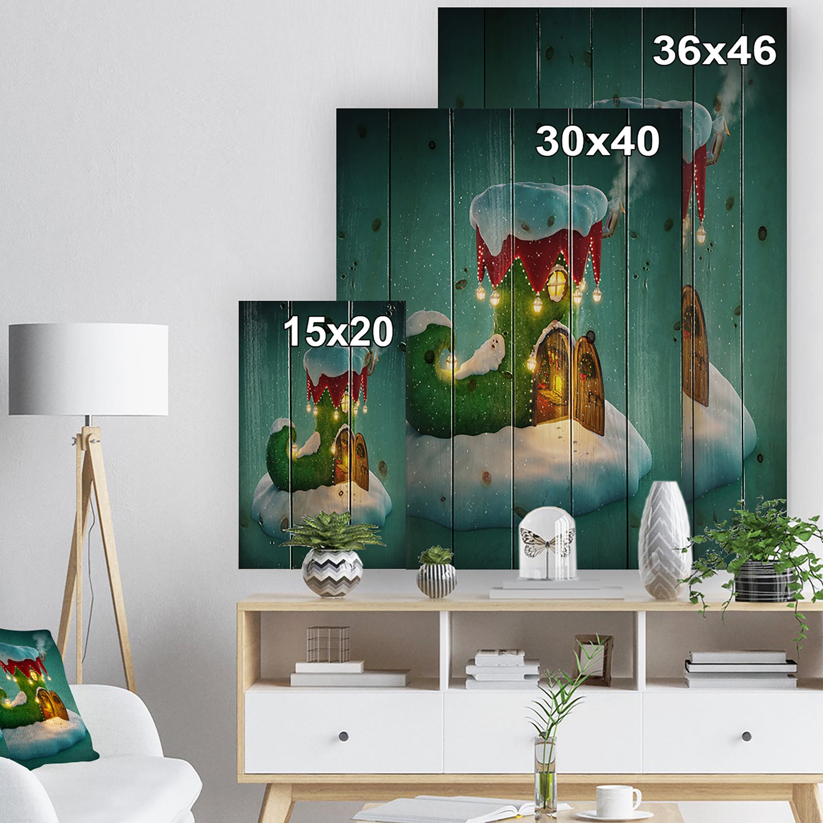 Elf Shoe House on Snow Christmas Island - Print on Natural Pine Wood