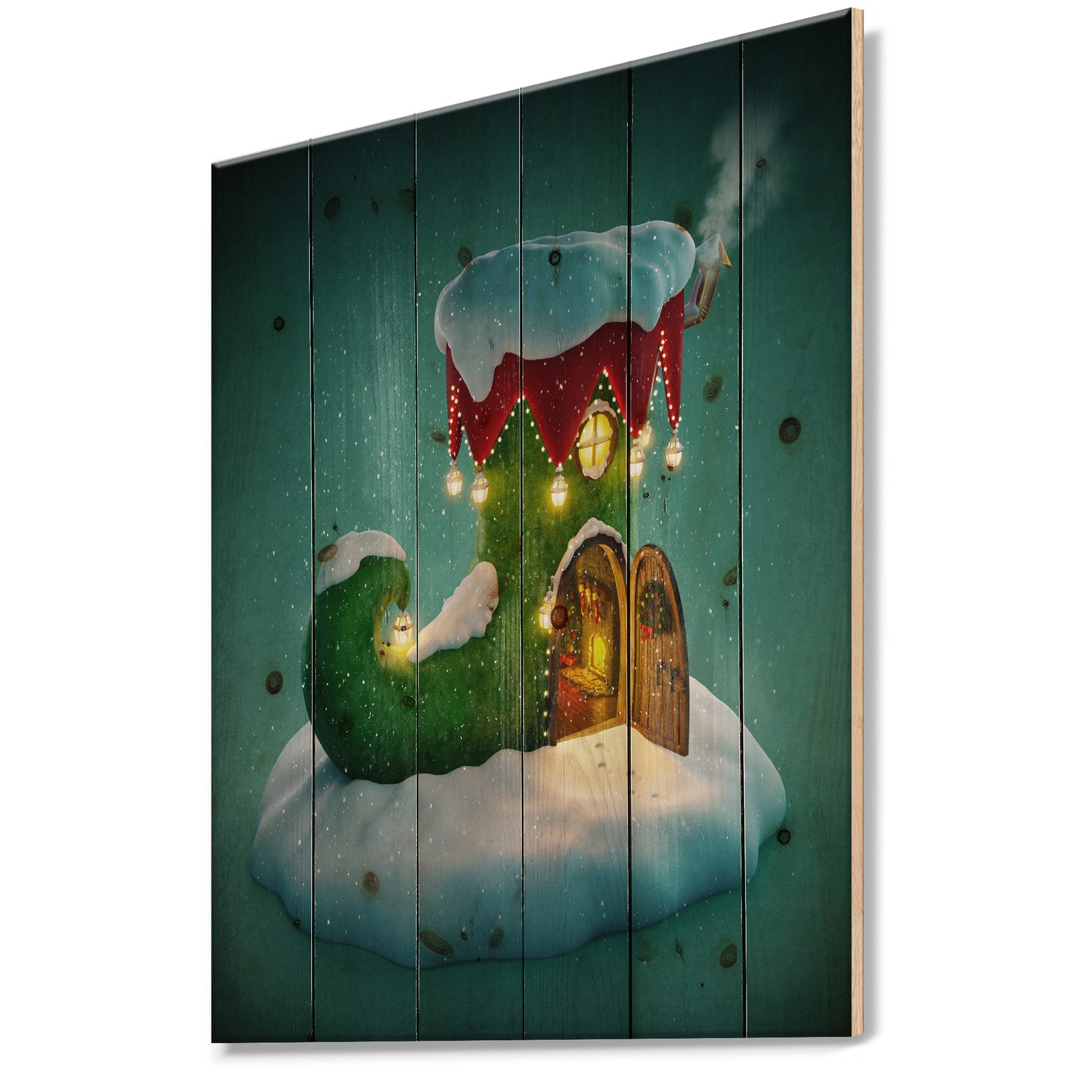 Elf Shoe House on Snow Christmas Island - Print on Natural Pine Wood