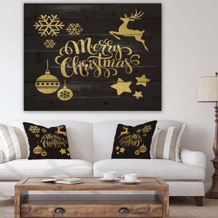 Handwritten Merry Christmas wish with Reindeer, Star, Christmas Tree Balls - Print on Natural Pine Wood