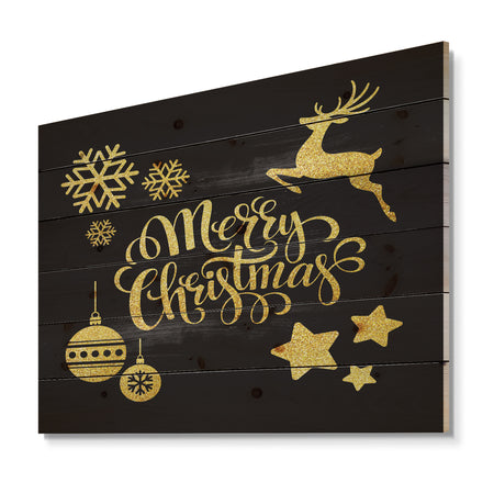 Handwritten Merry Christmas wish with Reindeer, Star, Christmas Tree Balls - Print on Natural Pine Wood