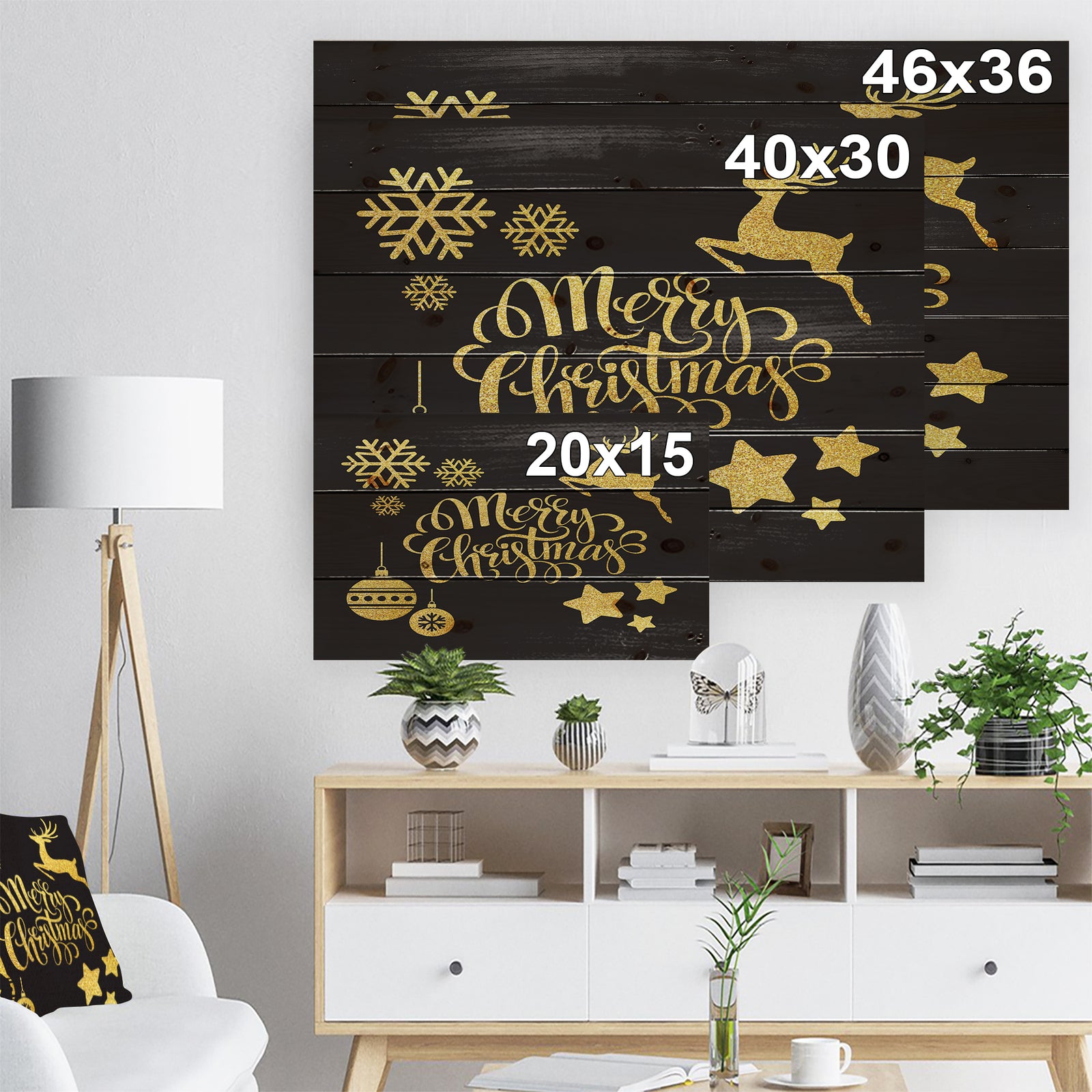 Handwritten Merry Christmas wish with Reindeer, Star, Christmas Tree Balls - Print on Natural Pine Wood