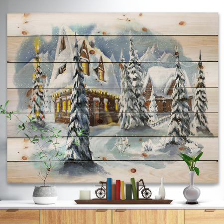 Evening winter scene in Mountains with Christmas Tree - Print on Natural Pine Wood