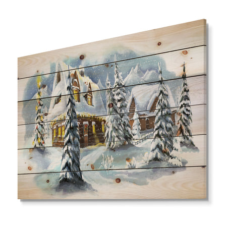Evening winter scene in Mountains with Christmas Tree - Print on Natural Pine Wood