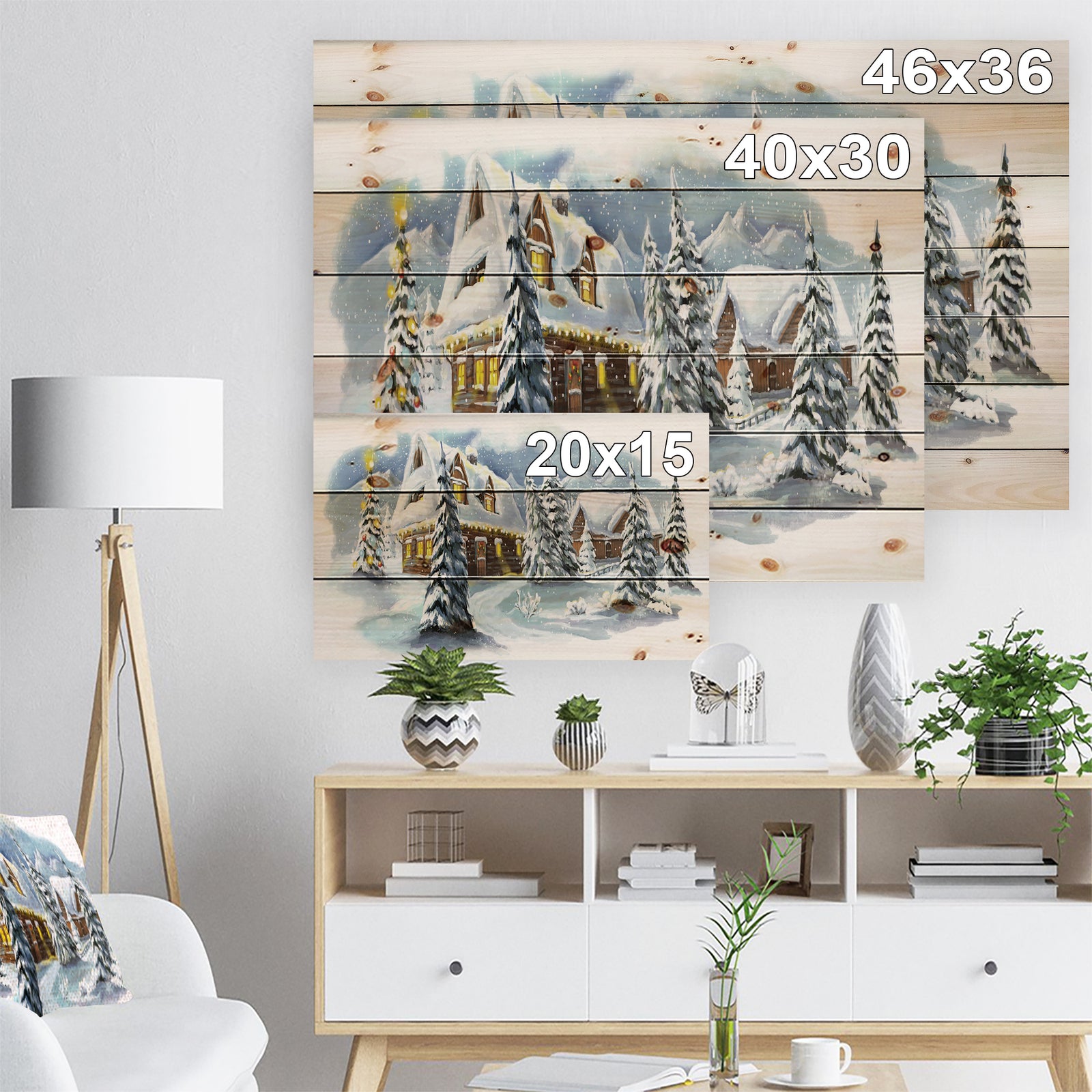 Evening winter scene in Mountains with Christmas Tree - Print on Natural Pine Wood