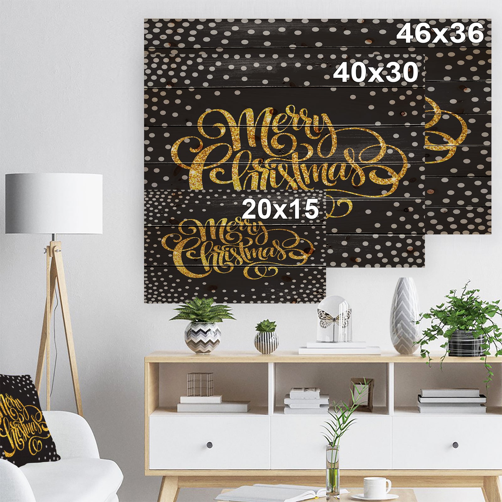 Handwritten Merry Christmas wish with Polka Snow Flakes - Print on Natural Pine Wood