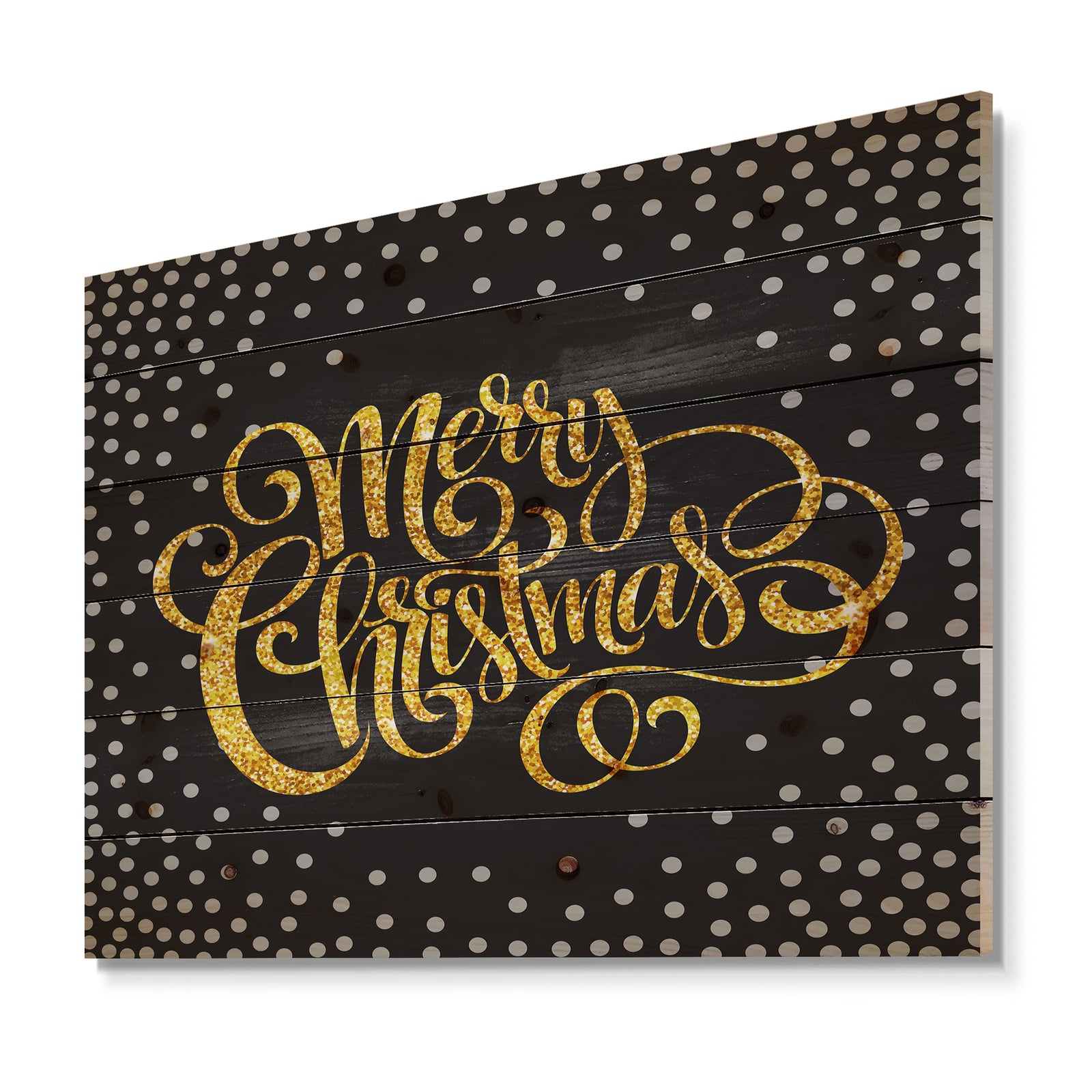 Handwritten Merry Christmas wish with Polka Snow Flakes - Print on Natural Pine Wood