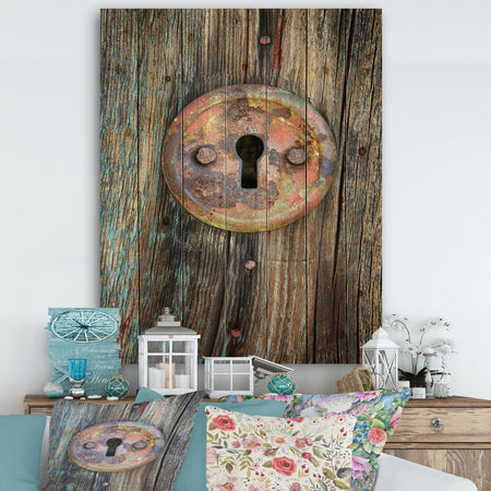Colorful Rusty Keyhole on Wooden Door - Vintage Print on Natural Pine Wood