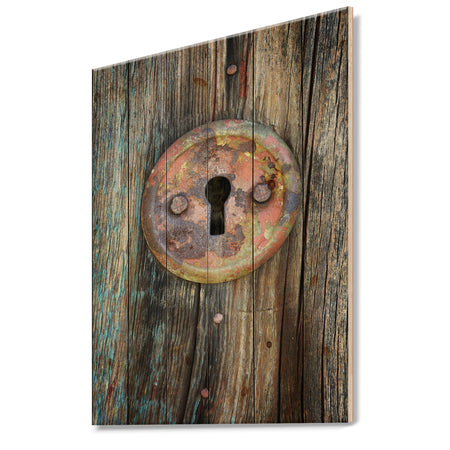Colorful Rusty Keyhole on Wooden Door - Vintage Print on Natural Pine Wood