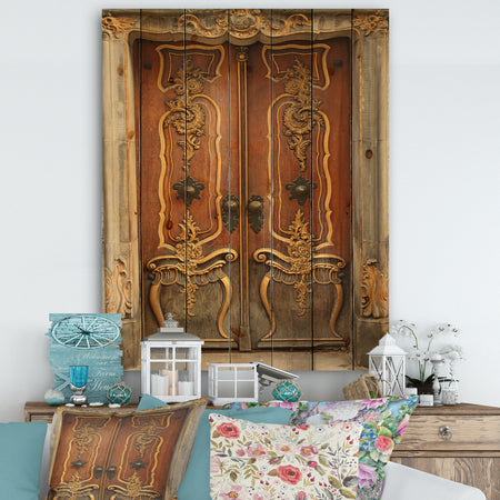 Brown Old Door With Gold Ornaments - Vintage Premium Canvas Wall Art