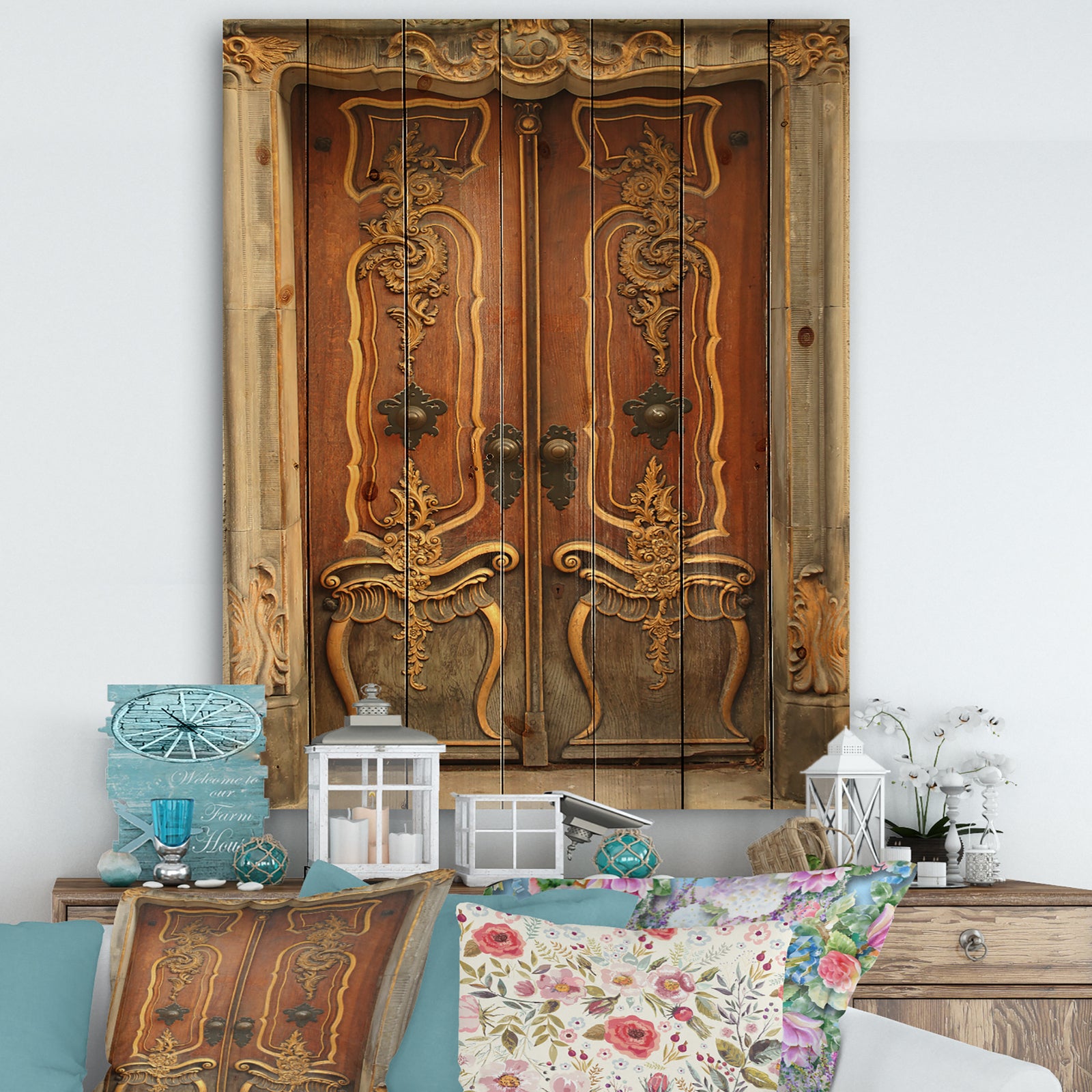 Brown Old Door With Gold Ornaments - Vintage Premium Canvas Wall Art