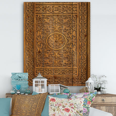 Old Carved Wooden Door - Vintage Print on Natural Pine Wood