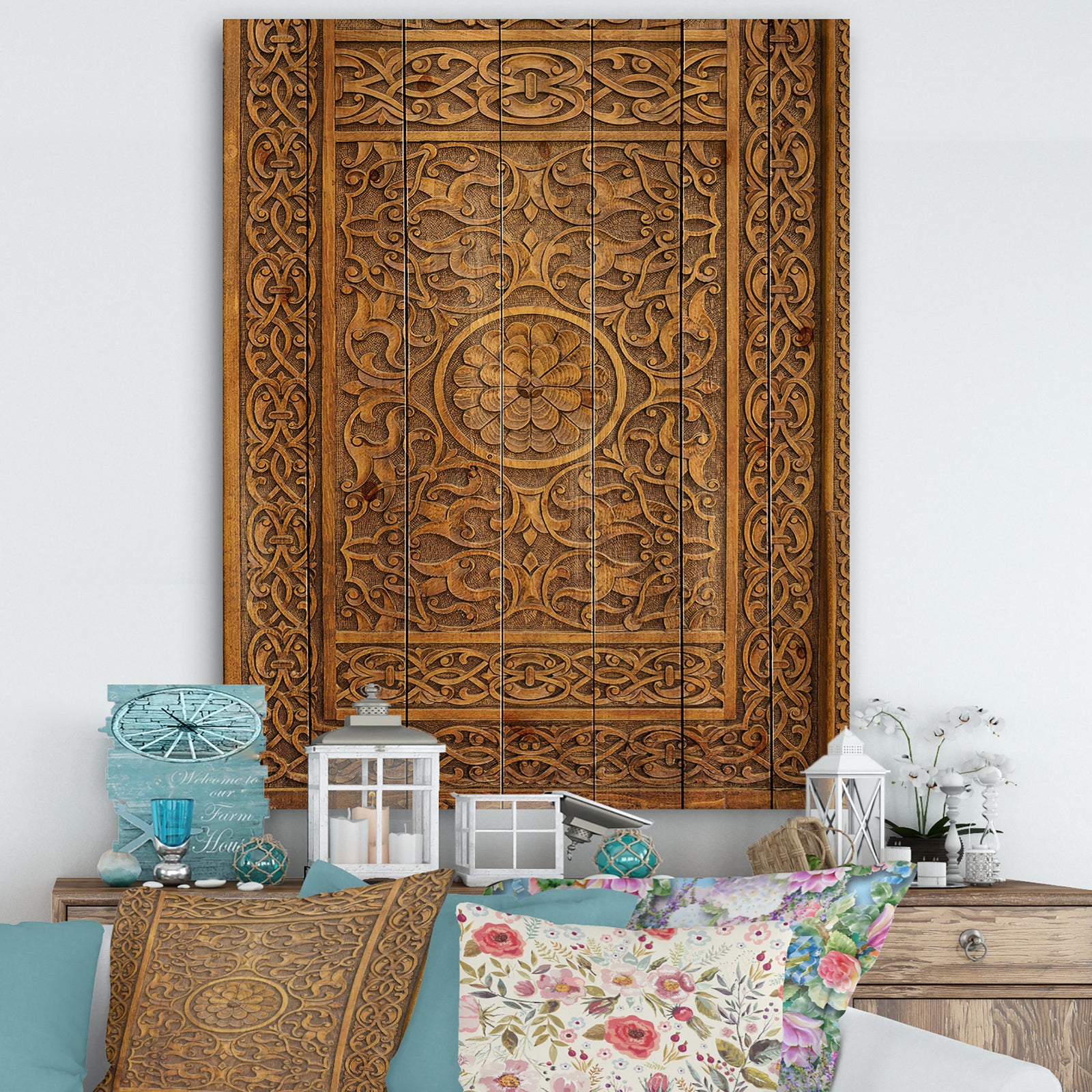 Old Carved Wooden Door - Vintage Print on Natural Pine Wood