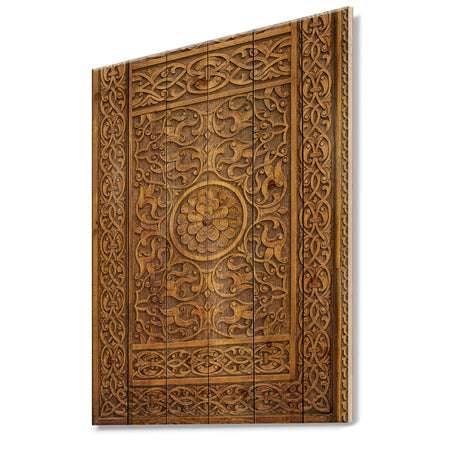 Old Carved Wooden Door - Vintage Print on Natural Pine Wood