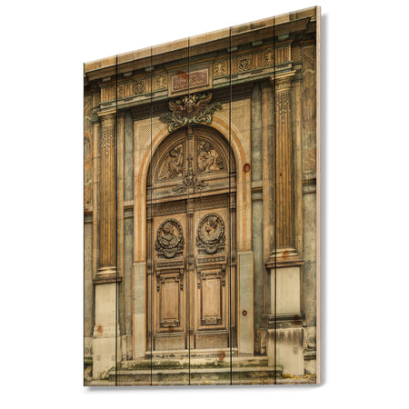 Old Wooden Door With Carvings in Paris, France - Vintage Print on Natural Pine Wood