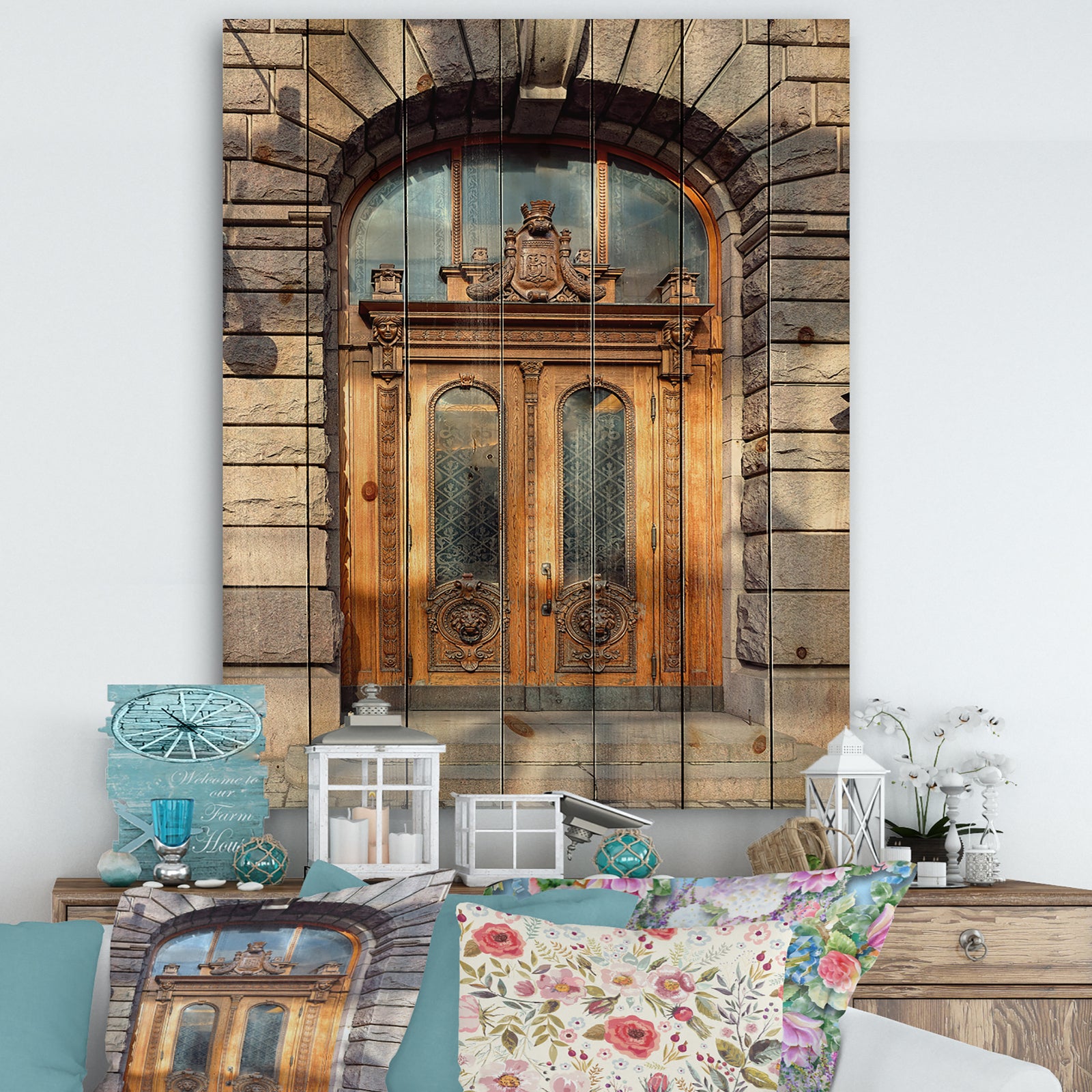 Antique Door with Lion Shaped Knockers in Helsinki, Finland - Vintage Print on Natural Pine Wood