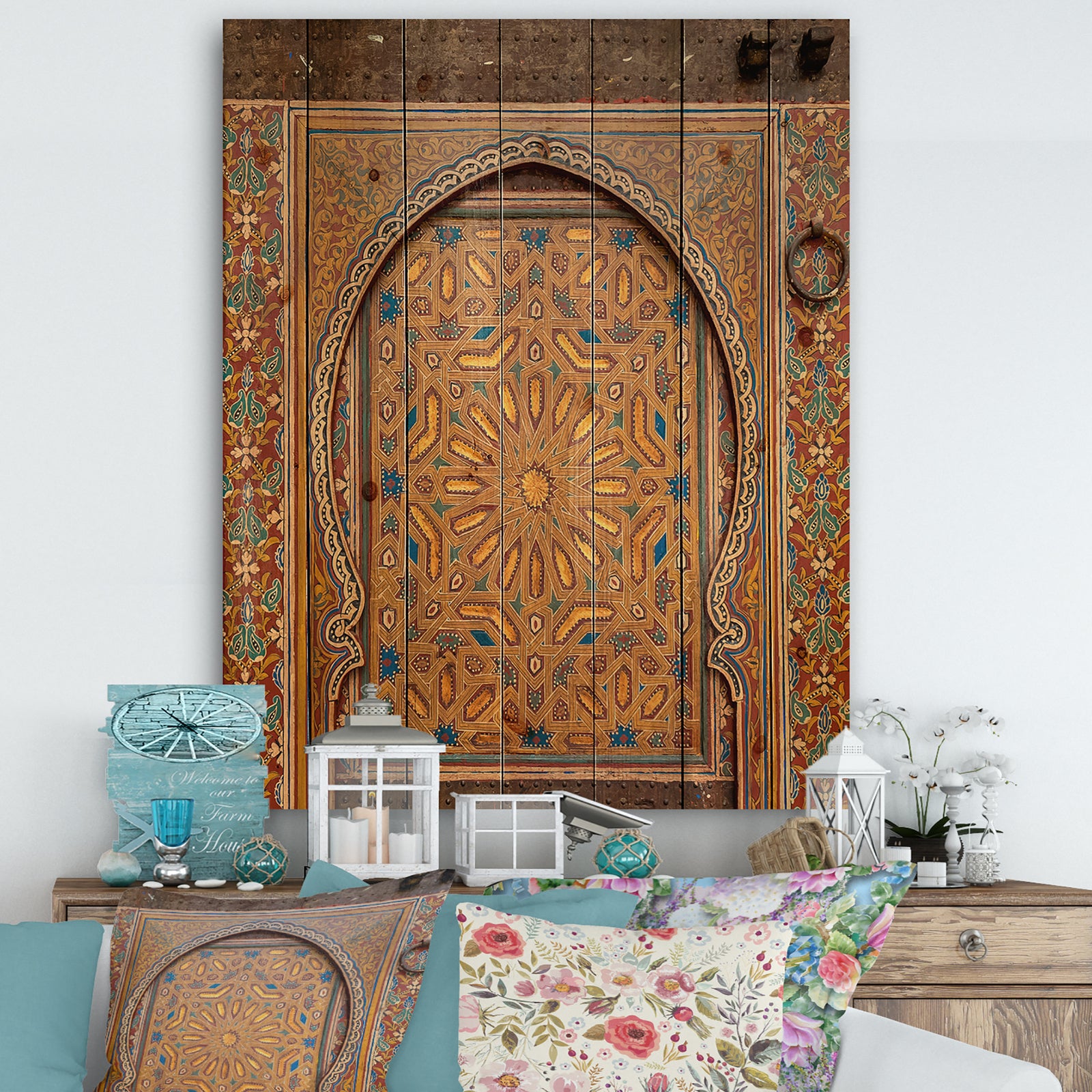 Ancient Door Painting Morroco - Vintage Print on Natural Pine Wood