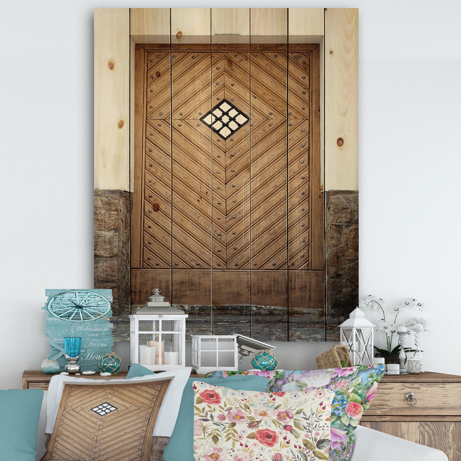 Ancient Woor With Diamond Window - Vintage Print on Natural Pine Wood