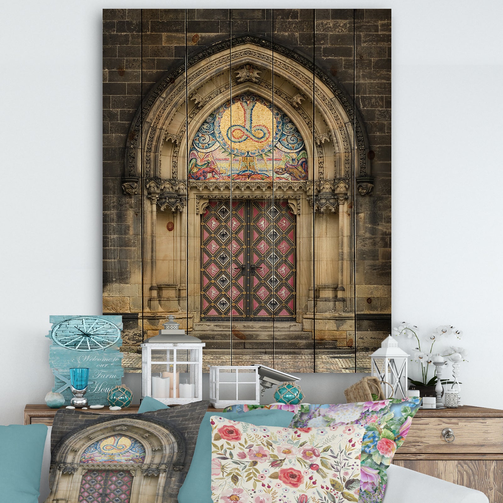 Ornate Entrance of Church in Prague - Vintage Print on Natural Pine Wood