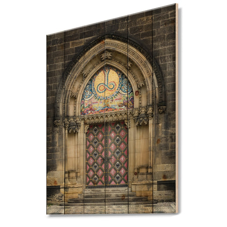 Ornate Entrance of Church in Prague - Vintage Print on Natural Pine Wood