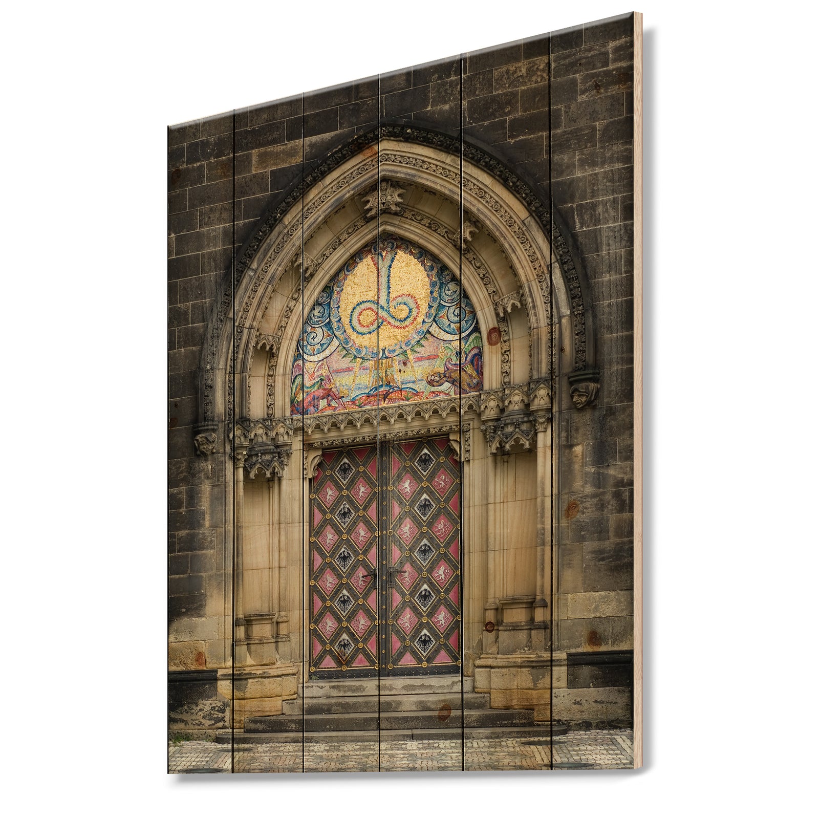 Ornate Entrance of Church in Prague - Vintage Print on Natural Pine Wood